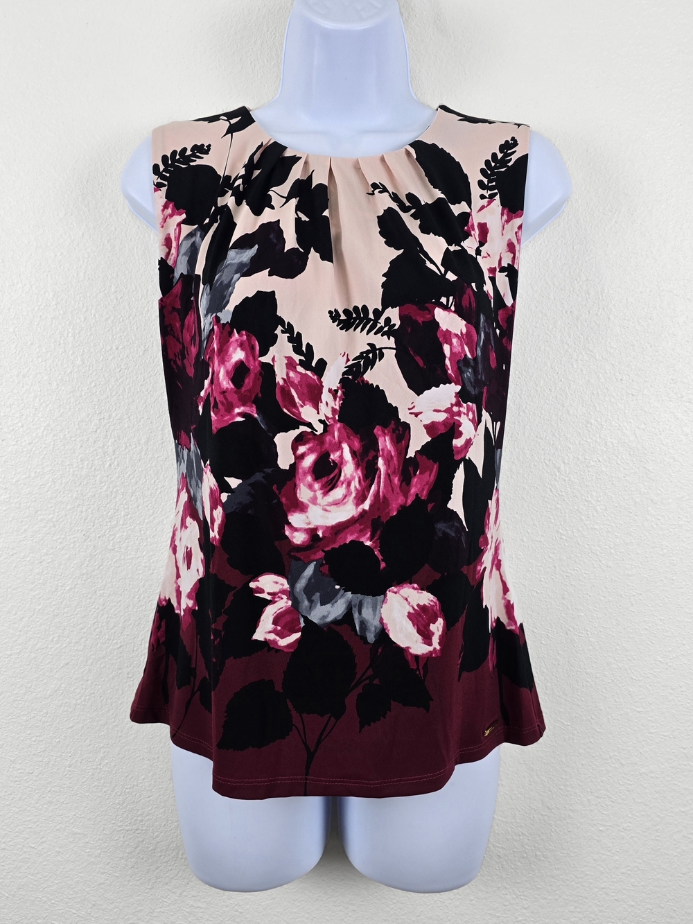 Calvin Klein | Blush Pink Burgundy Floral Print Sleeveless Pleated Top - Small
